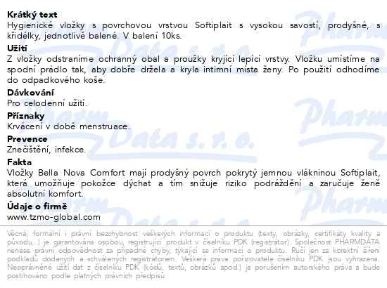 Příbalový leták - Bella Nova comfort hygienické vložky 10ks