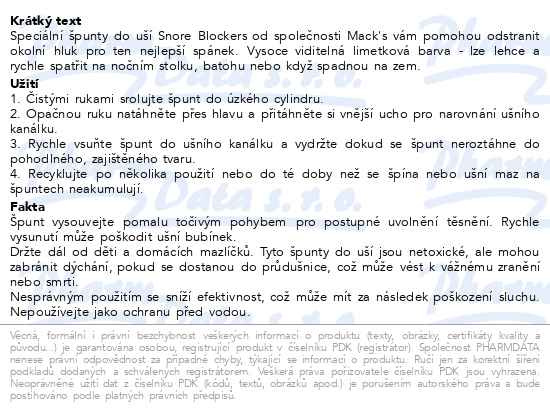 Příbalový leták - Macks Snore Blockers špunty do uší 12 párů