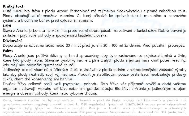 Příbalový leták - Allnature Aronie Premium BIO 1000ml