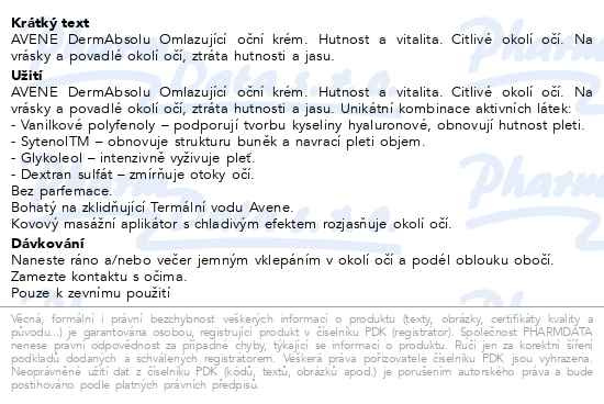 Příbalový leták - AVENE DermAbsolu omlazující oční krém 15ml