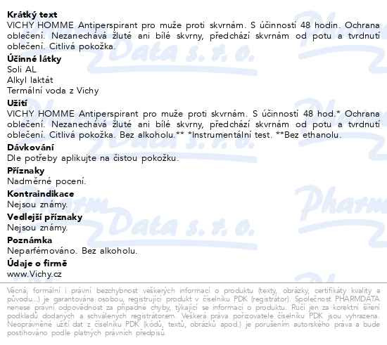 Příbalový leták - Vichy Homme Antiperspirant pro muže proti skvrnám 50 ml