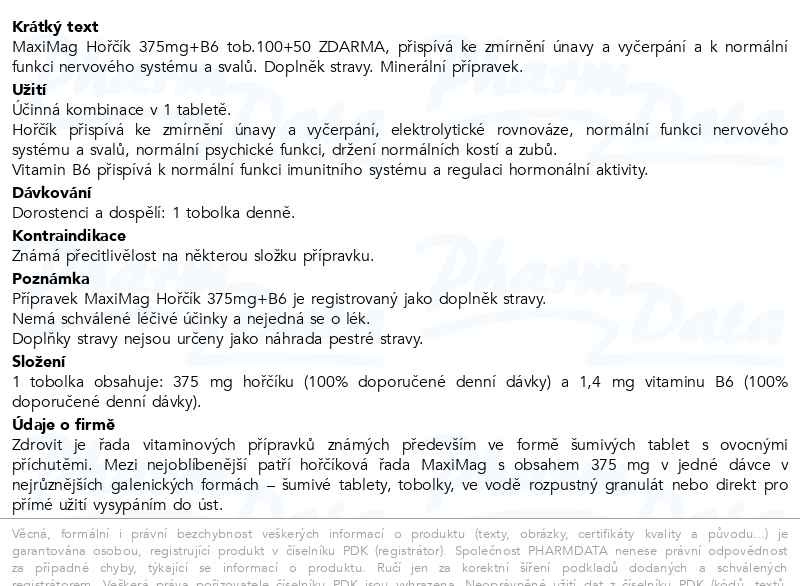 Příbalový leták - MaxiMag Hořčík 375mg+B6 tob.100+50 ZDARMA