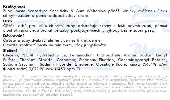 Příbalový leták - Sensodyne Sensitivity & Gum Whitening zubní pasta pro citlivé zuby a zdravé dásně 75ml