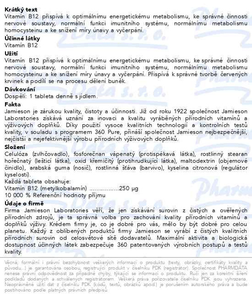 Příbalový leták - JAMIESON Vitamín B12 metylkobalamín 250mcg tbl.100