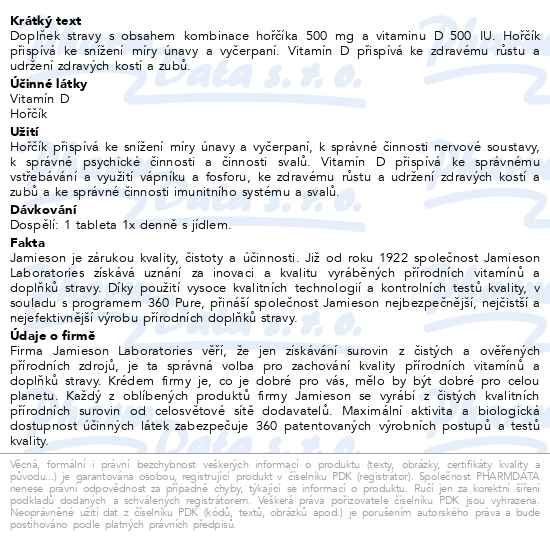 Příbalový leták - JAMIESON Hořčík 500mg s vitaminem D 500 IU tbl.60