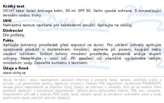 Příbalový leták - VICHY IDÉAL SOLEIL Krém anti-age SPF 50+ 50ml