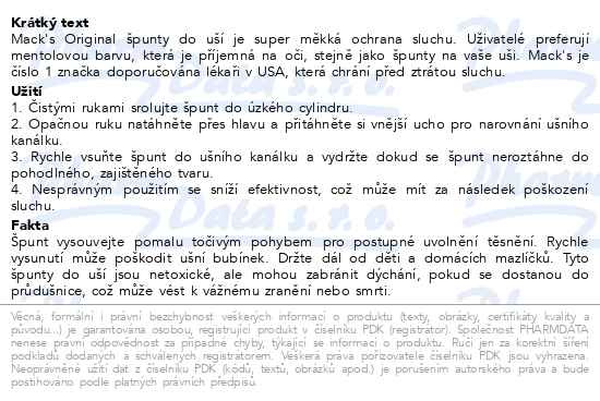 Příbalový leták - Macks Original špunty do uší 10 párů