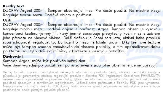 Příbalový leták - DUCRAY Argeal Šampon absorbující maz 200ml