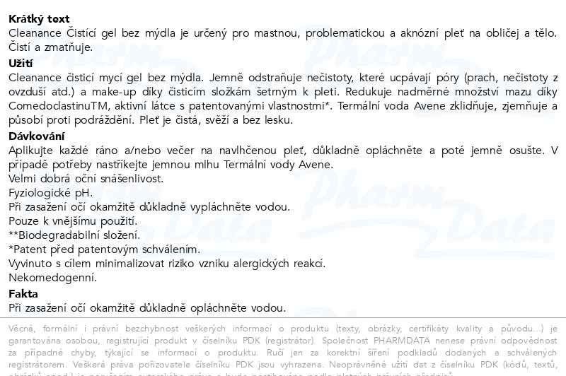 Příbalový leták - AVENE Cleanance Čisticí gel 400ml