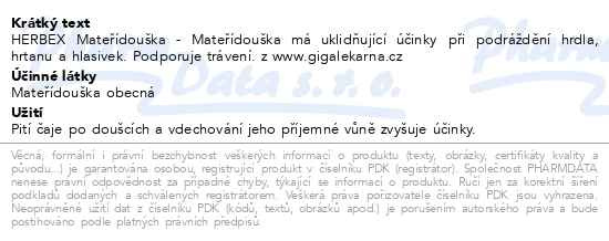 Příbalový leták - HERBEX Mateřídouška obecná čaj sypaný 50g