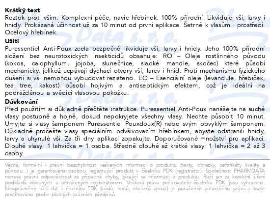 Příbalový leták - PURESSENTIEL Roztok proti vším+hřebínek 100ml
