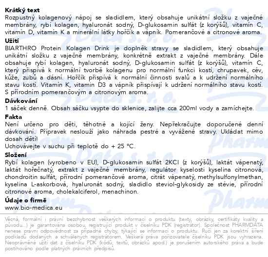 Příbalový leták - Biarthro Protein Kolagen drink 30 sáčků Biomedica