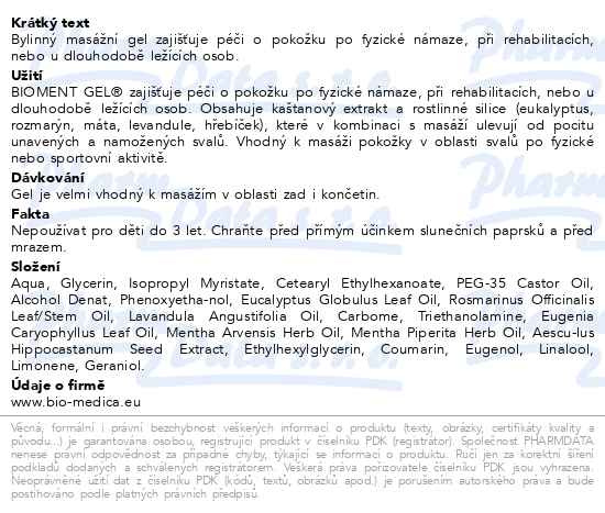 Příbalový leták - Bioment gel 300ml Biomedica