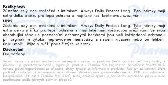 Příbalový leták - Always Intimky Daily Protect Long Fresh Scent 48ks