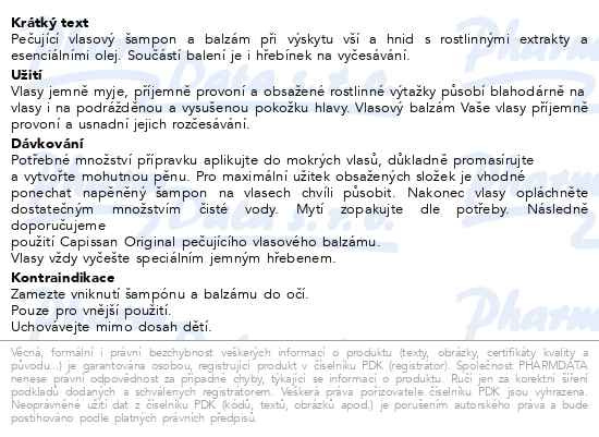 Příbalový leták - Capissan Original šampon+balzám vši 2x200ml Fagron