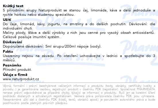Příbalový leták - Naturprodukt Domácí sirup Malinový 250ml