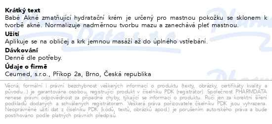 Příbalový leták - Babé Akné Zmatňující hydratační krém 50 ml (Stop AKN Mattifying Moisturiser)