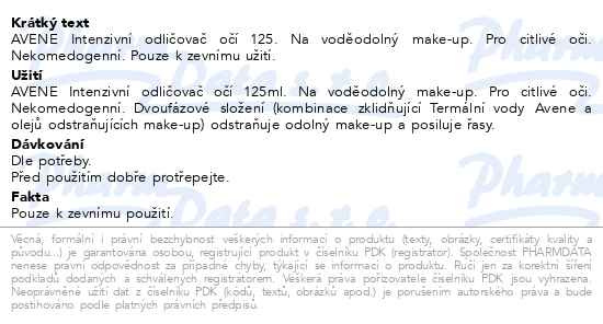 Příbalový leták - AVENE Intenzivní odličovač očí 125ml