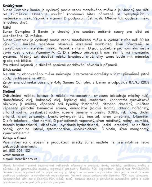 Příbalový leták - Sunar Complex 3 banán 600g - nový