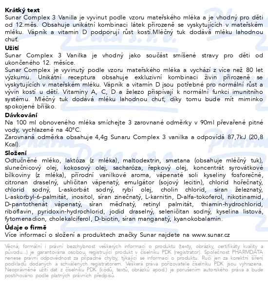 Příbalový leták - Sunar Complex 3 batolecí mléko vanilka 600 g