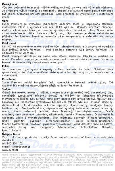Příbalový leták - Sunar Premium 1,  počáteční kojenecké mléko