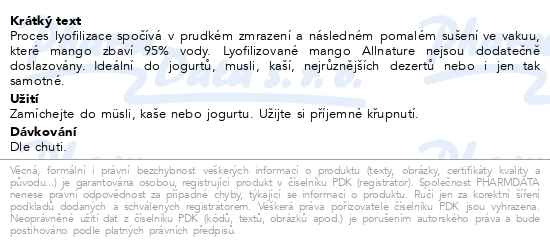 Příbalový leták - Allnature Mango sušené mrazem 30g