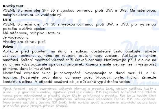Příbalový leták - AVENE Sun Olej SPF30 200ml