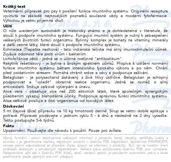 Příbalový leták - Green Idea Imunita sirup pro psy 200ml