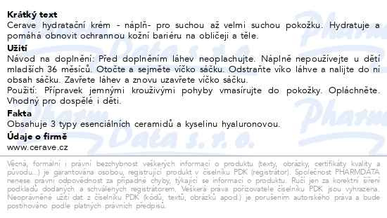 Příbalový leták - CeraVe Hydratační krém náplň 454g