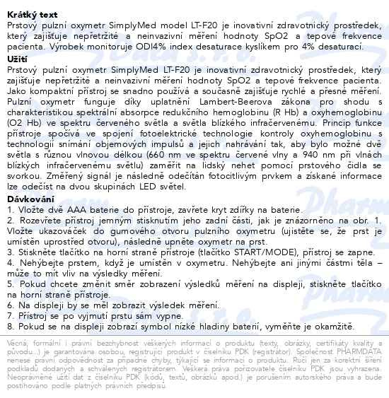 Příbalový leták - SimplyMed Pulzní oxymetr LT-F20