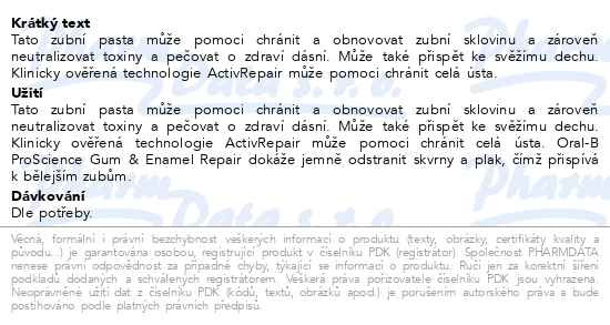 Příbalový leták - Oral-B Pro-Science Repair zubní pasta 2x75ml