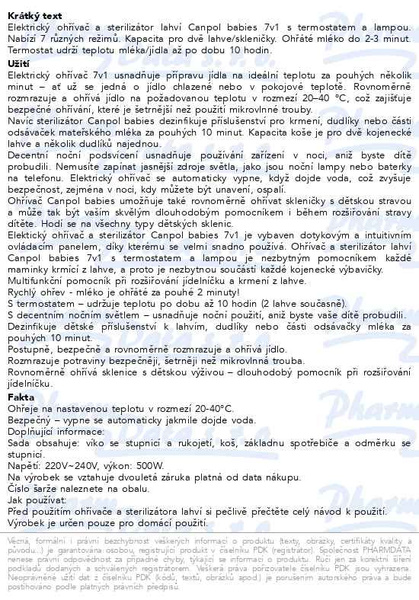 Příbalový leták - Canpol babies Elektrický double ohřívač a sterilizátor kojeneckých lahví 7v1