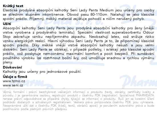 Příbalový leták - Seni Lady Pants inkon.plenkové kalhotky M 10ks