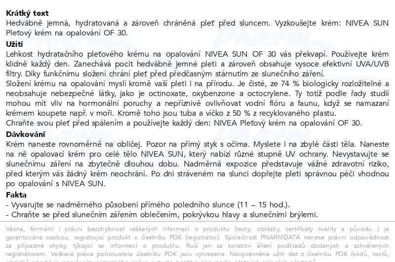 Příbalový leták - NIVEA SUN Pleťový krém na opalování SPF 30 50ml