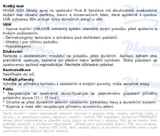 Příbalový leták - NIVEA SUN Dětský sprej na opalování Sensitive SPF 50+ 200ml