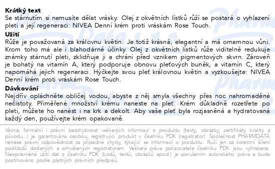 Příbalový leták - NIVEA Denní krém proti vráskám Rose Touch 50ml
