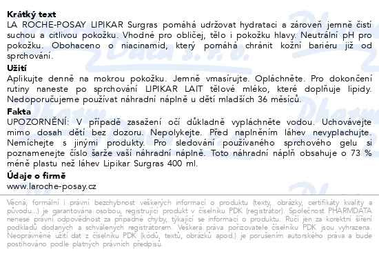 Příbalový leták - LA ROCHE-POSAY LIPIKAR Surgras náplň 400ml
