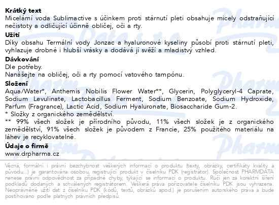 Příbalový leták - JONZAC SUBLIMACTIVE Micelární voda BIO 500ml