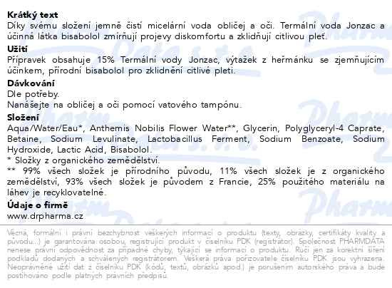 Příbalový leták - JONZAC REACTIVE Micelární voda na citlivou pleť BIO 500ml
