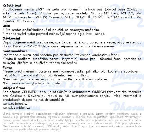 Příbalový leták - Manžeta EASY EC-L prodloužená pro obvod paže 22-42cm pro OMRON