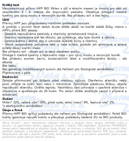 Příbalový leták - HiPP BABY BIO Mrkev s rýží a telecím masem 190g