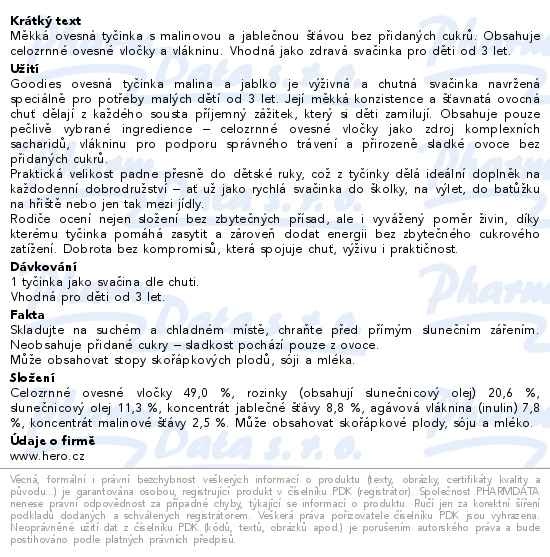 Příbalový leták - Goodies ovesná tyčinka malina a jablko 23g