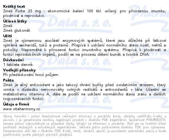 Příbalový leták - VitaHarmony Zinek Forte 25mg 100 tablet