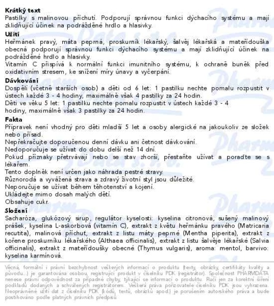Příbalový leták - Panastat bylinné pastilky s vitaminem C, příchuť malina 16ks