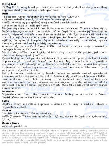 Příbalový leták - IQ Mag Kids mořský hořčík 90