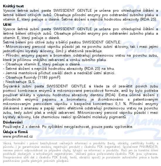 Příbalový leták - Swissdent GENTLE bělicí zubní pasta 100ml 190002