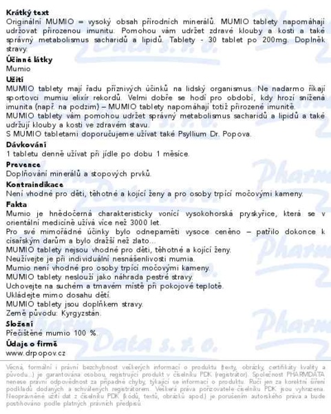 Příbalový leták - Dr.Popov Mumio 200mg 30 tablet