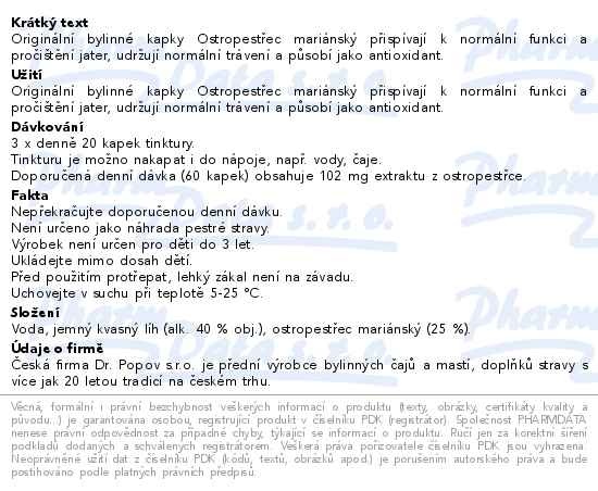 Příbalový leták - Dr.Popov Kapky bylinné Ostropestřec mariánský 50ml