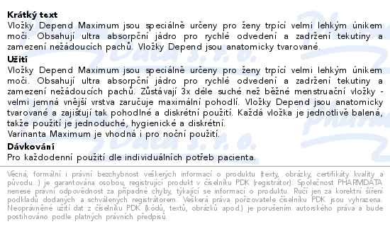 Příbalový leták - Depend Maximum night inkont.vložky ženy 6ks