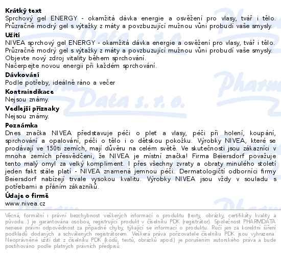 Příbalový leták - NIVEA MEN Sprchový gel pro muže 3 v 1 Energy  250ml